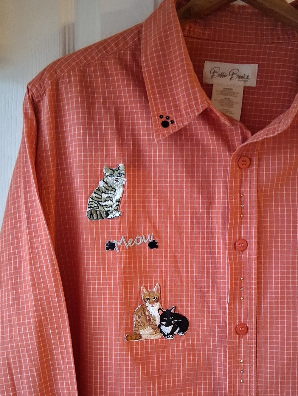 Bobbie Brooks Cat Patch Kitten Checked Button Down 100% Cotton Shirt 18W/20W
